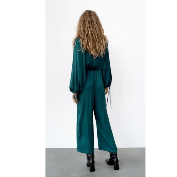 NWT ZARA TEAL SATIN EFFECT V-NECK JUMPSUIT SIZE XL - Picture 5 of 7
